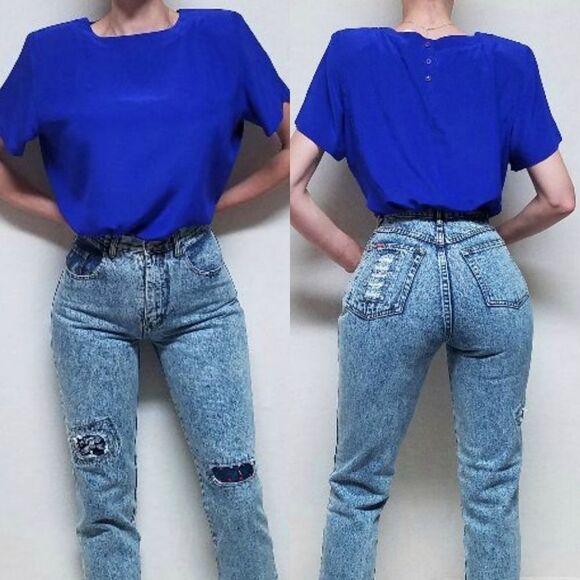 Vintage 80s Pia Rucci Royal Blue Silk Short Sleeve Crewneck Boxy Blouse M - Picture 1 of 11